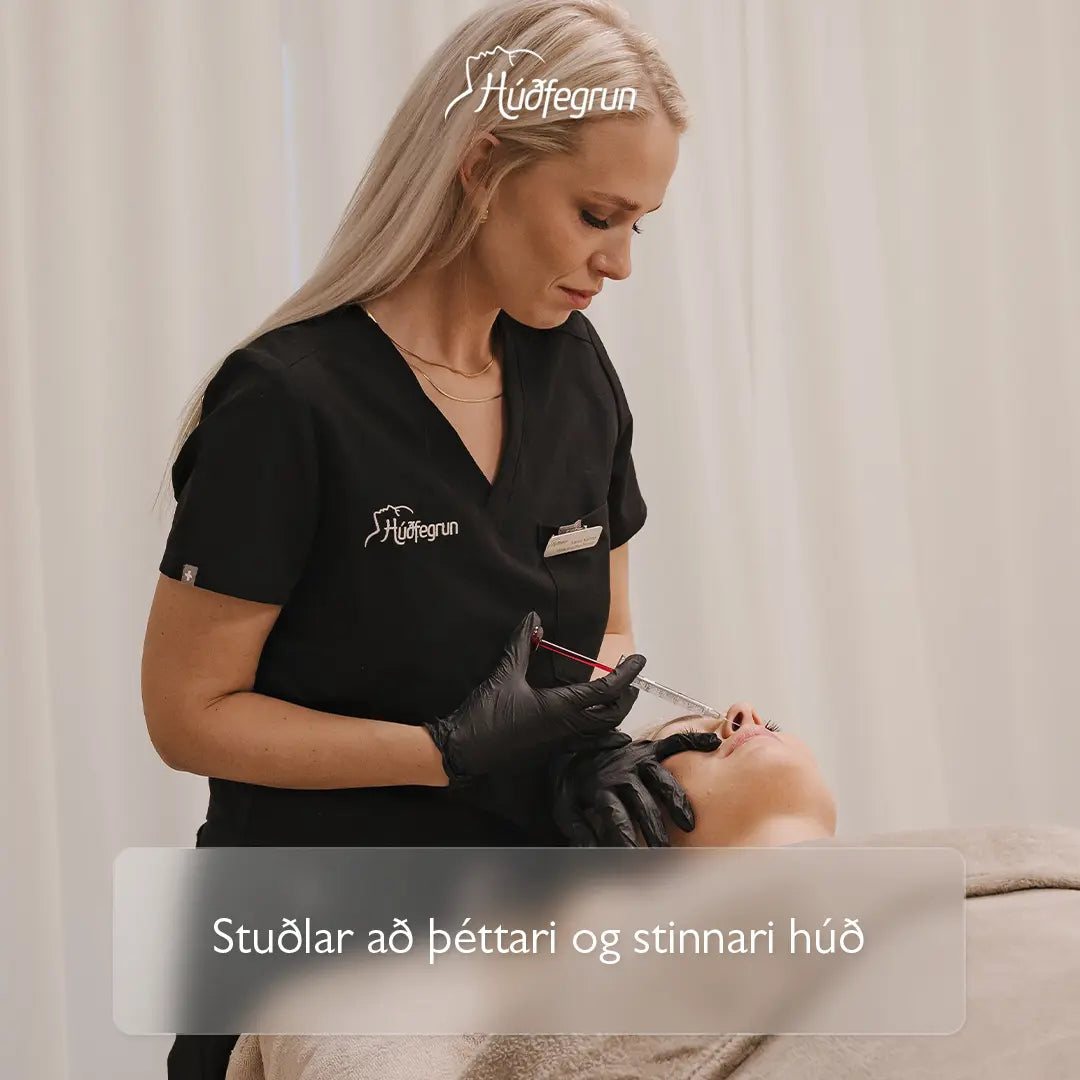 „Hyaluronic Acid Booster mesotherapy hjá Húðfegrun með Hydro Deluxe frá Neauvia Organic sem gefur húð raka, þéttingu og dregur úr línum og þreytumerkjum. Mynd notuð í vefverslun Húðfegrunar til að sýna rakagefandi og kollagenörvandi meðferð fyrir viðkvæma húð.“