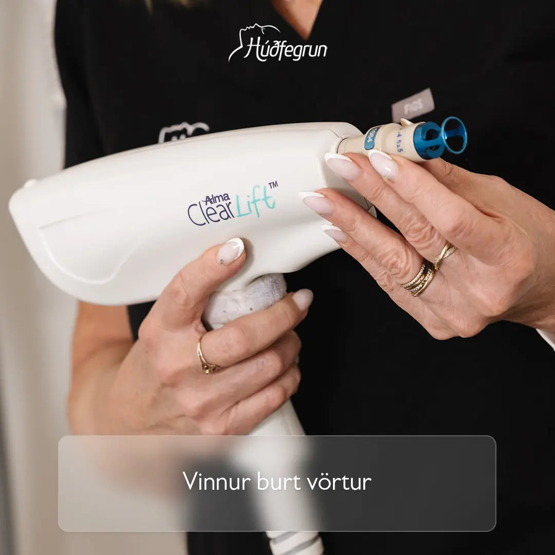 „Lasermeðferð hjá Húðfegrun til að fjarlægja vörtur og húðsepa með nýjustu lasertækni sem brennir vefinn á öruggan hátt. Mynd notuð í vefverslun Húðfegrunar til að sýna nákvæma og áhrifaríka húðhreinsandi meðferð.“